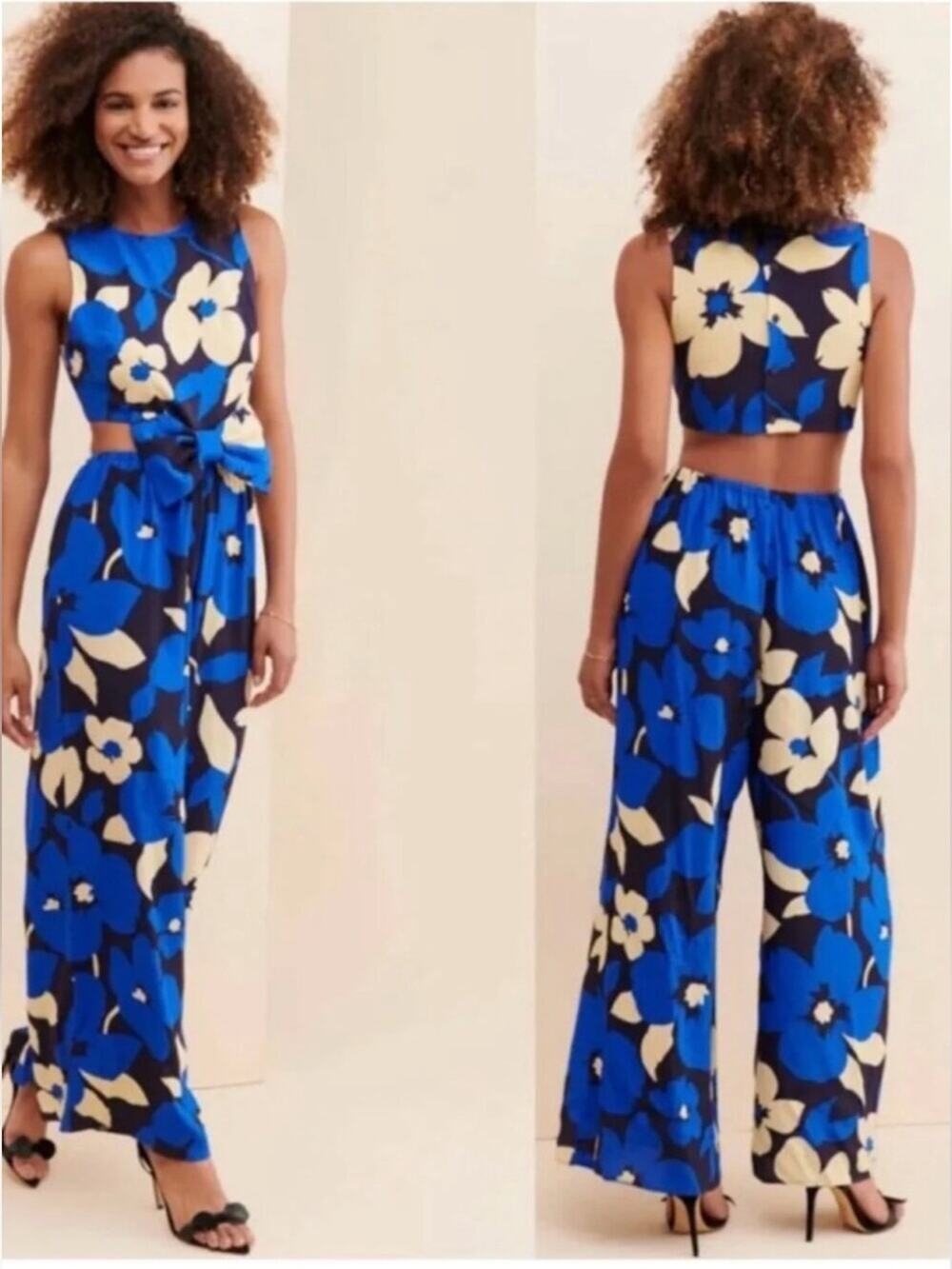 Corey Lynn Calter Floral Wide-Leg Pant & Crop Top Set Navy Blue X- Small